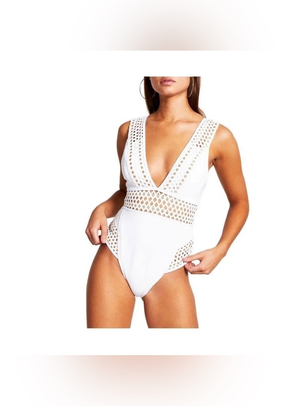 River Island Resort Size US10 Elastic Plunge Metallic One-Piece Swimsuit